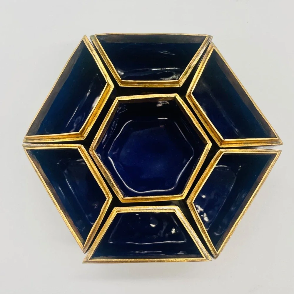 Peking Jewelry Cloisonne Enamel 7-Piece Puzzle Trinket Box Set Blue Floral